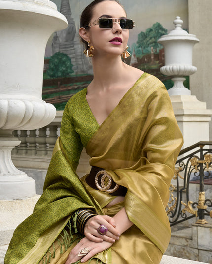 Dusty Yellow Tissue Silk Woven Festival Saree