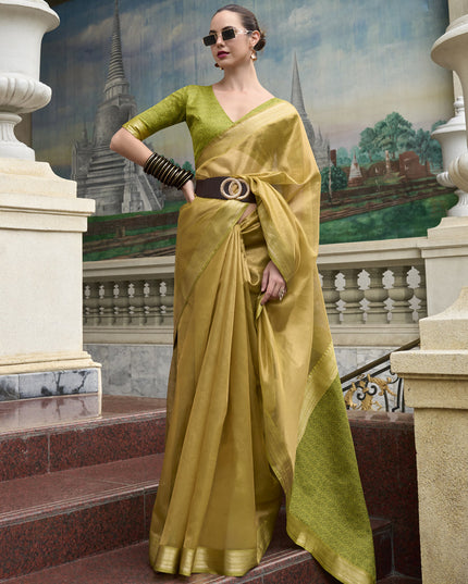 Dusty Yellow Tissue Silk Woven Festival Saree