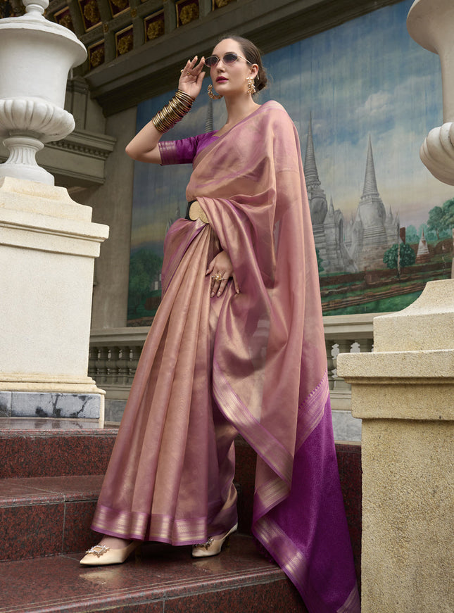 Dusty Pink Tissue Silk Woven Festival Saree