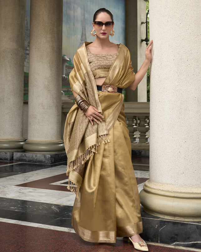 Fawn Tissue Silk Woven Festival Saree