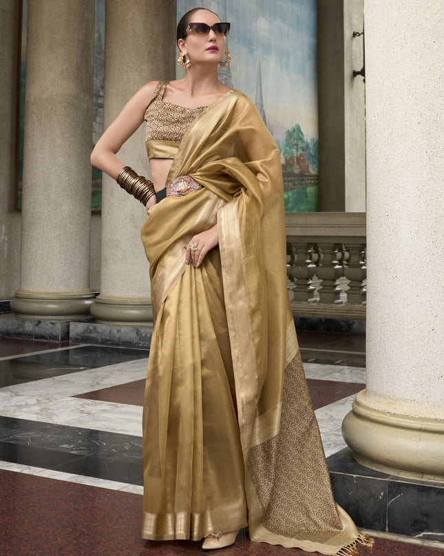 Fawn Tissue Silk Woven Festival Saree