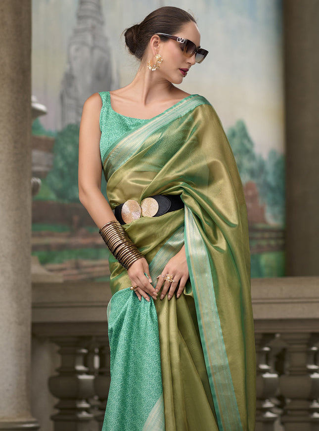 Sage Green Tissue Silk Woven Festival Saree