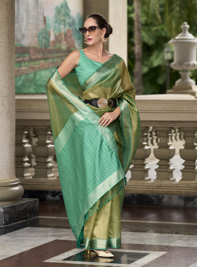 Sage Green Tissue Silk Woven Festival Saree