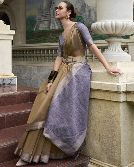 Khaki Tissue Silk Woven Festival Saree