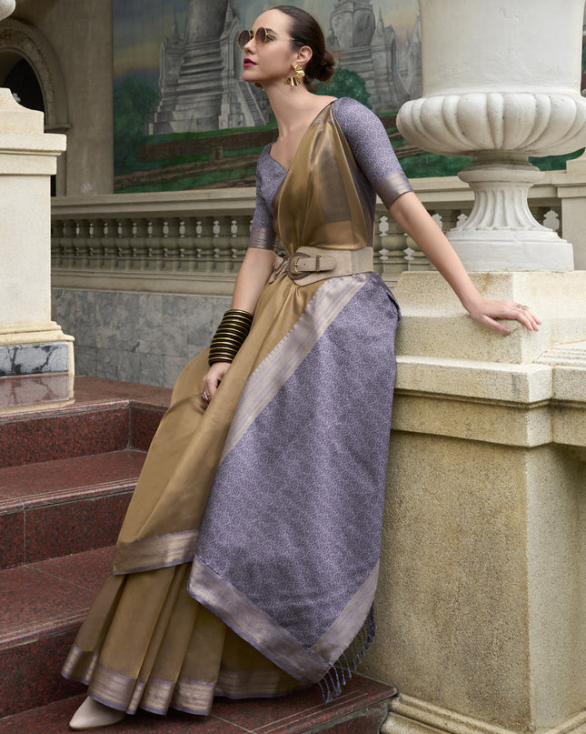 Khaki Tissue Silk Woven Festival Saree