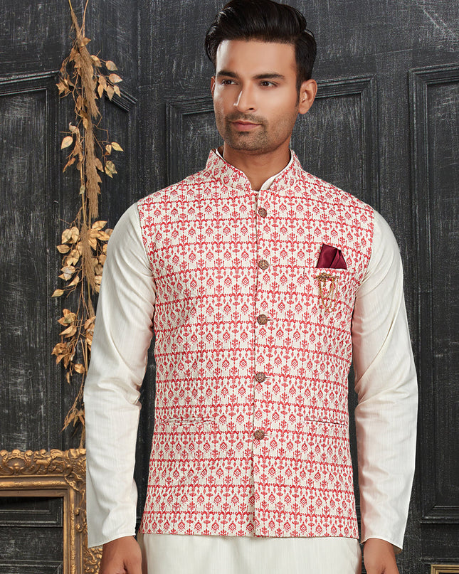 White Cotton Kurta Set with Printed Jacket