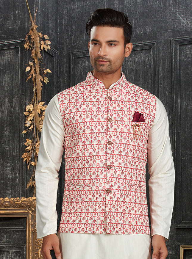 White Cotton Kurta Set with Printed Jacket