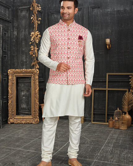 White Cotton Kurta Set with Printed Jacket