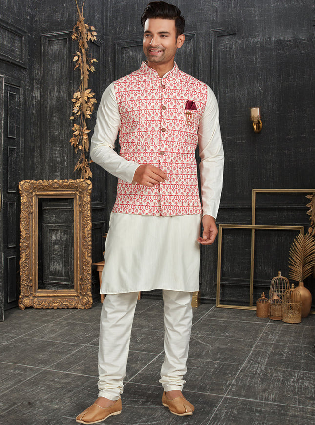 White Cotton Kurta Set with Printed Jacket