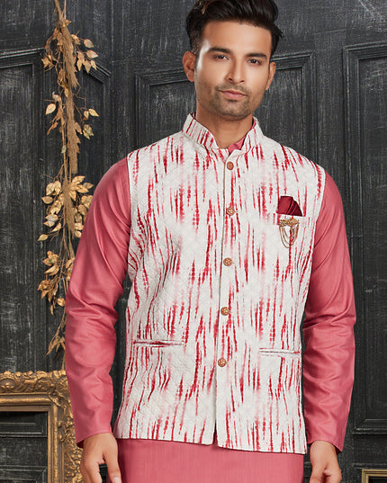 Pink Cotton Kurta Set with Printed Jacket