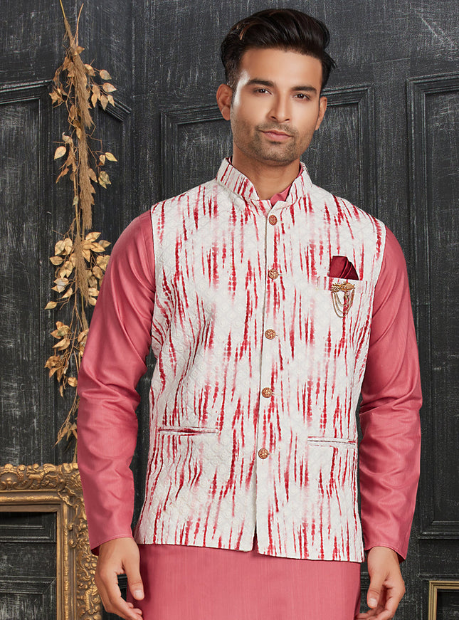 Pink Cotton Kurta Set with Printed Jacket