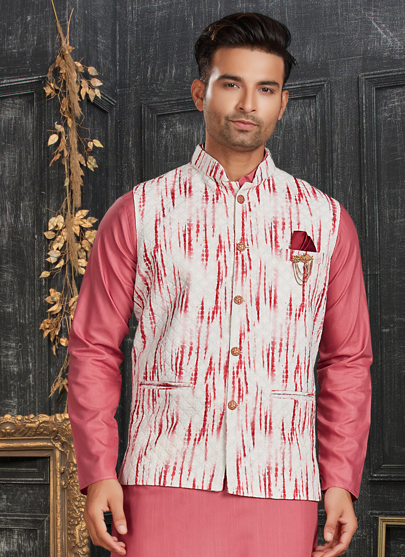 Pink Cotton Kurta Set with Printed Jacket