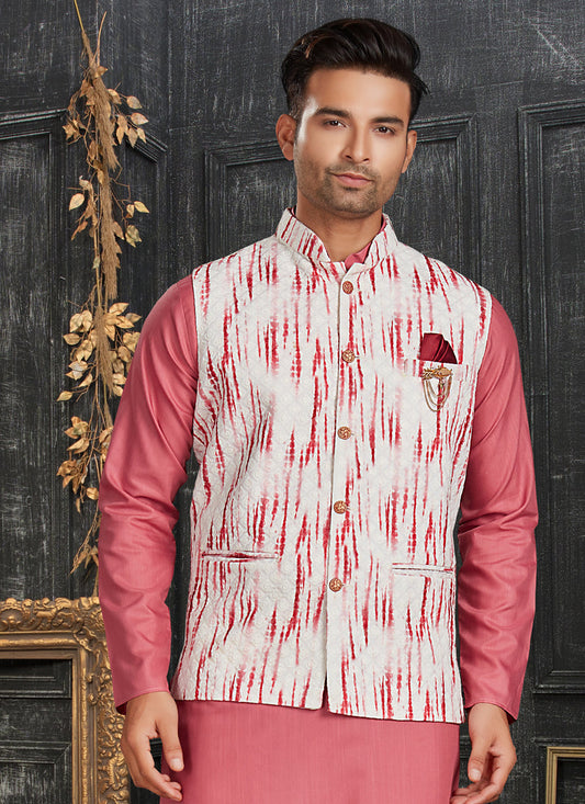 Pink Cotton Kurta Set with Printed Jacket