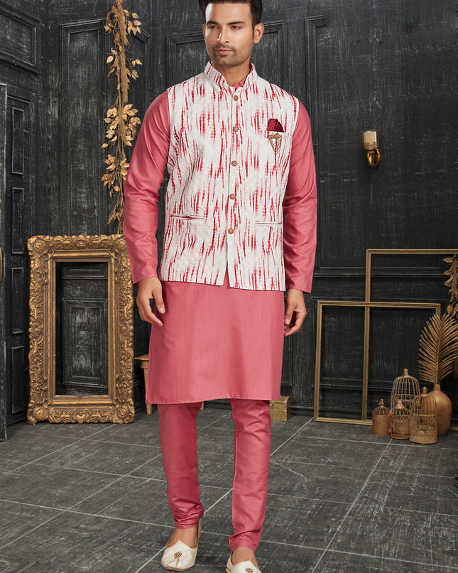 Pink Cotton Kurta Set with Printed Jacket