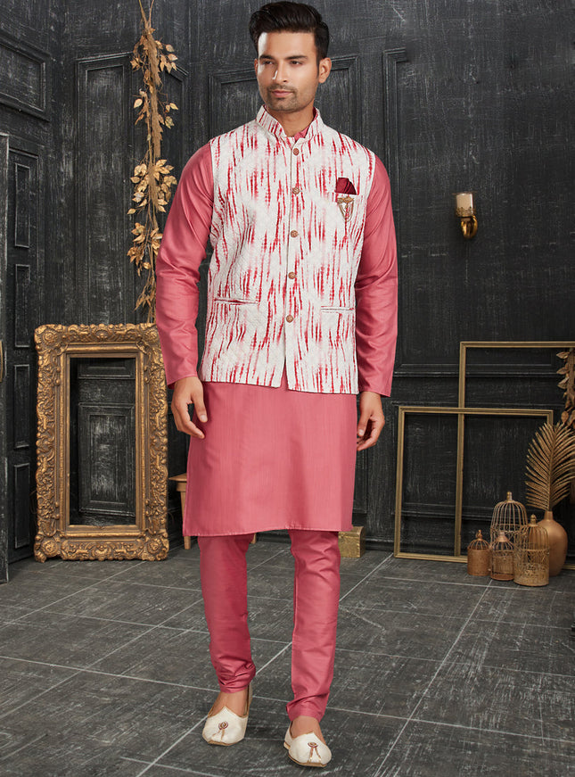 Pink Cotton Kurta Set with Printed Jacket