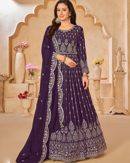 Purple Faux Georgette Embroidered Anarkali Suit
