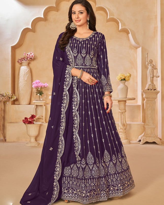 Purple Faux Georgette Embroidered Anarkali Suit