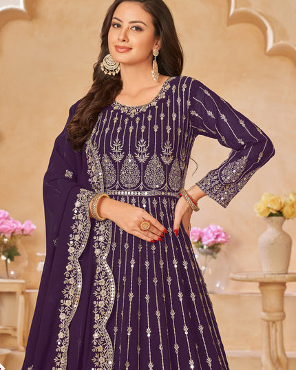 Purple Faux Georgette Embroidered Anarkali Suit