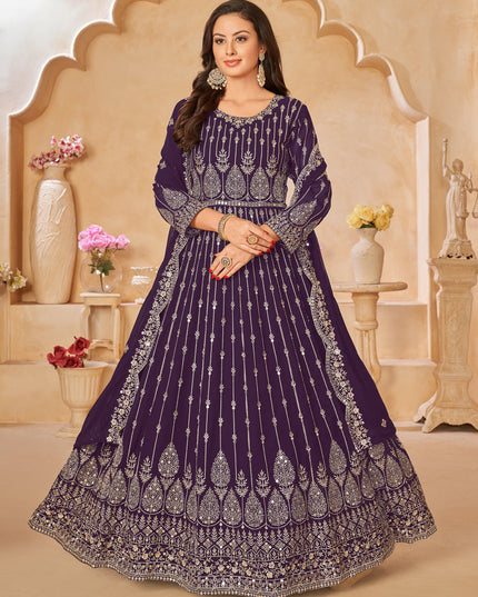 Purple Faux Georgette Embroidered Anarkali Suit