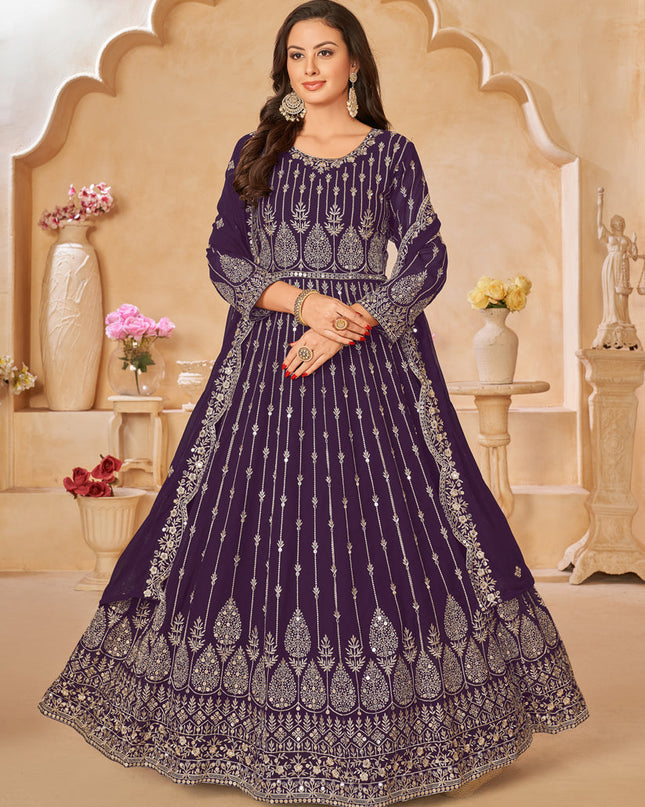 Purple Faux Georgette Embroidered Anarkali Suit