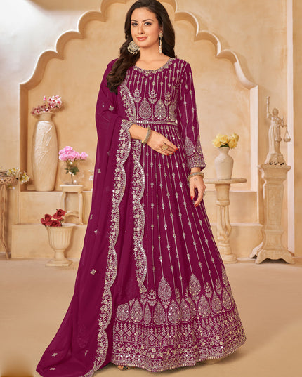 Wine Faux Georgette Embroidered Anarkali Suit