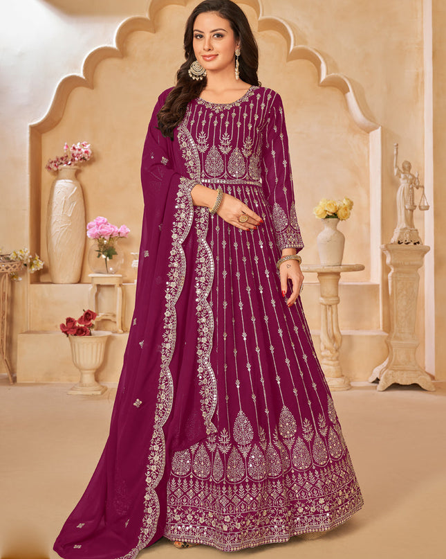 Wine Faux Georgette Embroidered Anarkali Suit