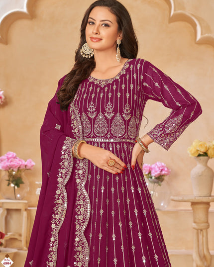 Wine Faux Georgette Embroidered Anarkali Suit