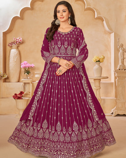 Wine Faux Georgette Embroidered Anarkali Suit