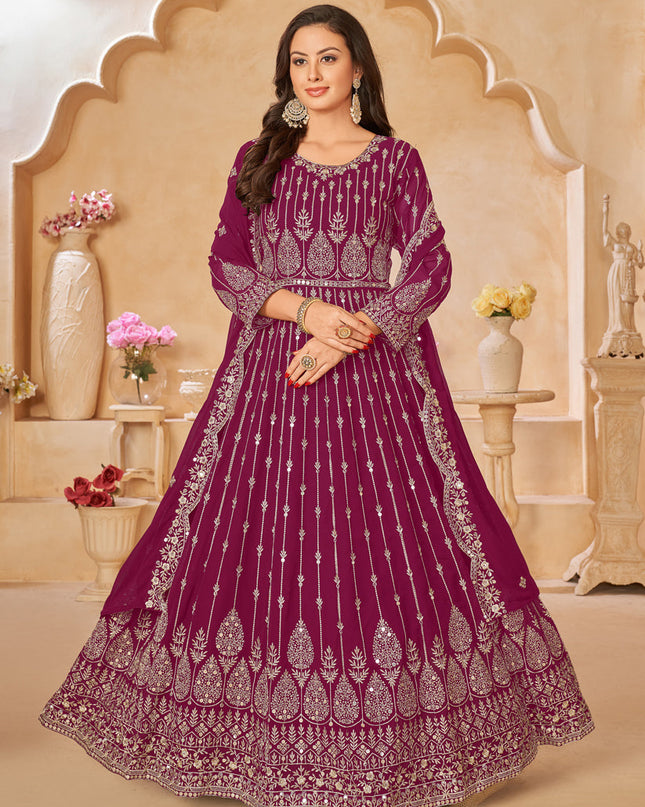 Wine Faux Georgette Embroidered Anarkali Suit