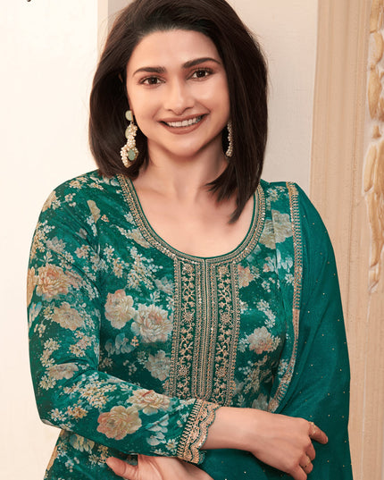 Prachi Desai Rama Green Chinnon Embroidered Pant Kameez