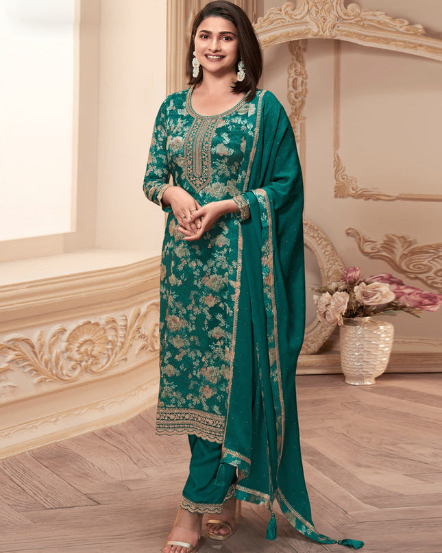 Prachi Desai Rama Green Chinnon Embroidered Pant Kameez