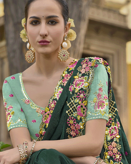 Pine Green Tissue Organza Embroidered Silk Designer Saree