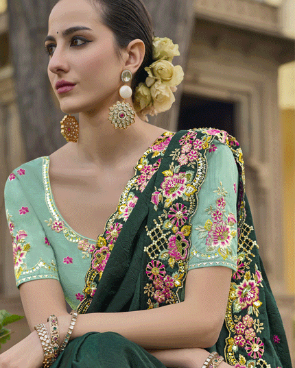 Pine Green Tissue Organza Embroidered Silk Designer Saree