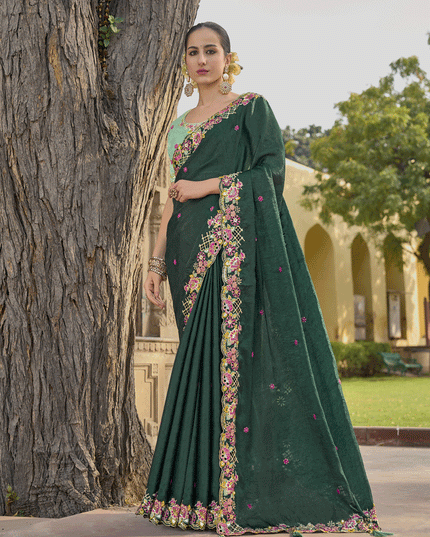 Pine Green Tissue Organza Embroidered Silk Designer Saree