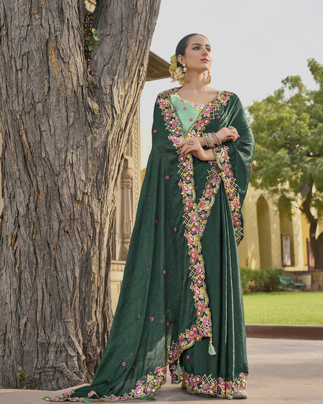 Pine Green Tissue Organza Embroidered Silk Designer Saree