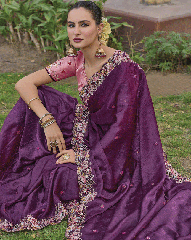 Wine Tissue Organza Embroidered Silk Designer Saree