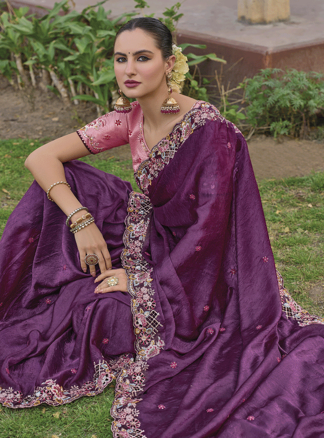 Wine Tissue Organza Embroidered Silk Designer Saree