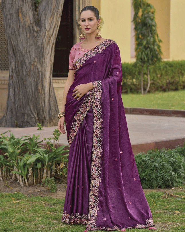 Wine Tissue Organza Embroidered Silk Designer Saree