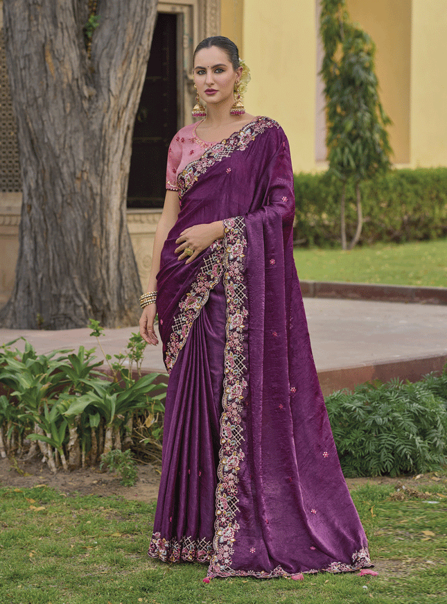 Wine Tissue Organza Embroidered Silk Designer Saree