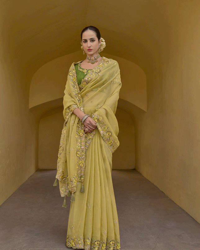 Yellow Tissue Organza Embroidered Silk Designer Saree