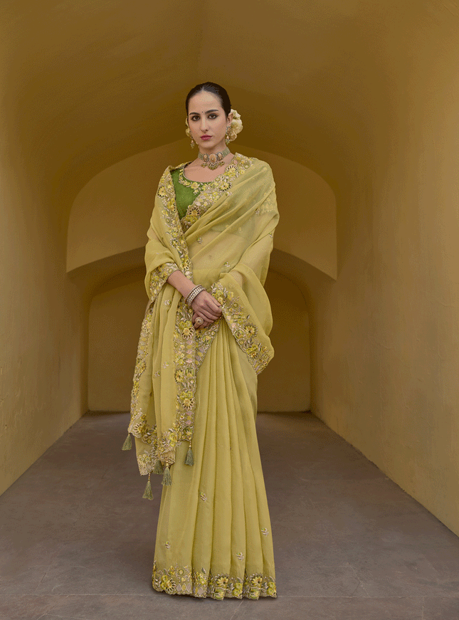 Yellow Tissue Organza Embroidered Silk Designer Saree