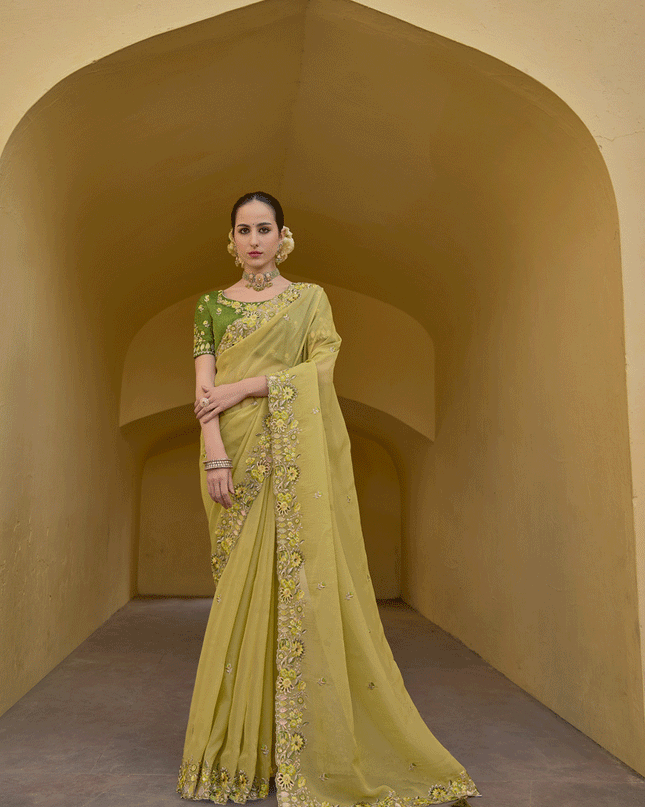 Yellow Tissue Organza Embroidered Silk Designer Saree