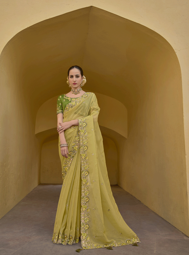 Yellow Tissue Organza Embroidered Silk Designer Saree
