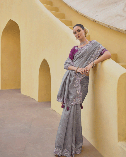 Smoke Grey Tissue Organza Embroidered Silk Designer Saree