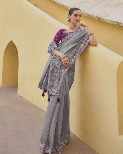 Smoke Grey Tissue Organza Embroidered Silk Designer Saree