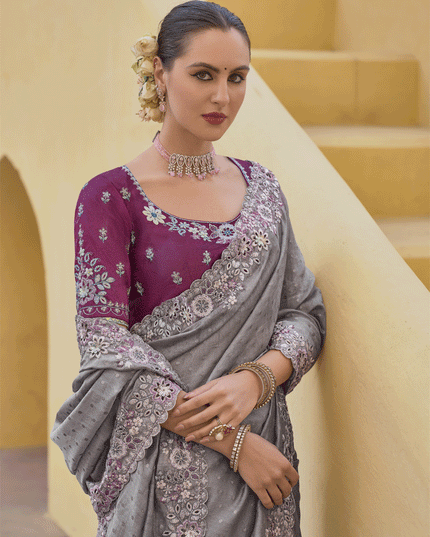 Smoke Grey Tissue Organza Embroidered Silk Designer Saree