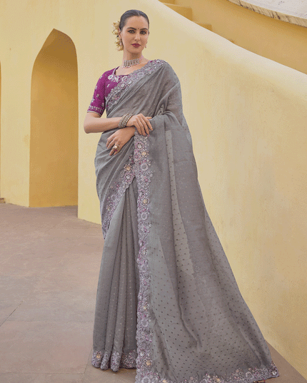 Smoke Grey Tissue Organza Embroidered Silk Designer Saree