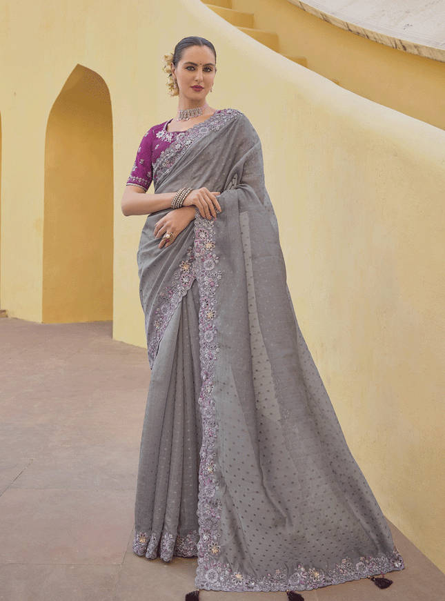 Smoke Grey Tissue Organza Embroidered Silk Designer Saree