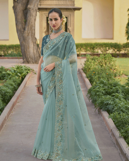 Mint Blue Tissue Organza Embroidered Silk Designer Saree