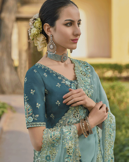 Mint Blue Tissue Organza Embroidered Silk Designer Saree
